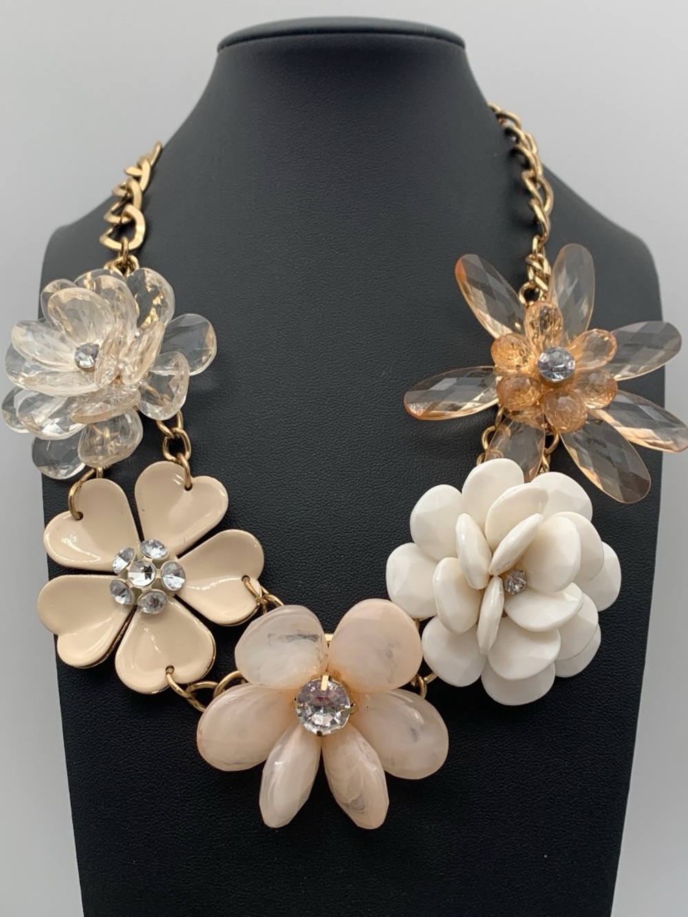 3D Floral Statement Necklace in Cream and Champagne 16-18”